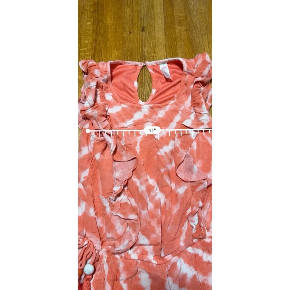 Justice Girls 16 Peach White Tie-Dye‎ Tassel Ruffle Sleeveless Short Romper